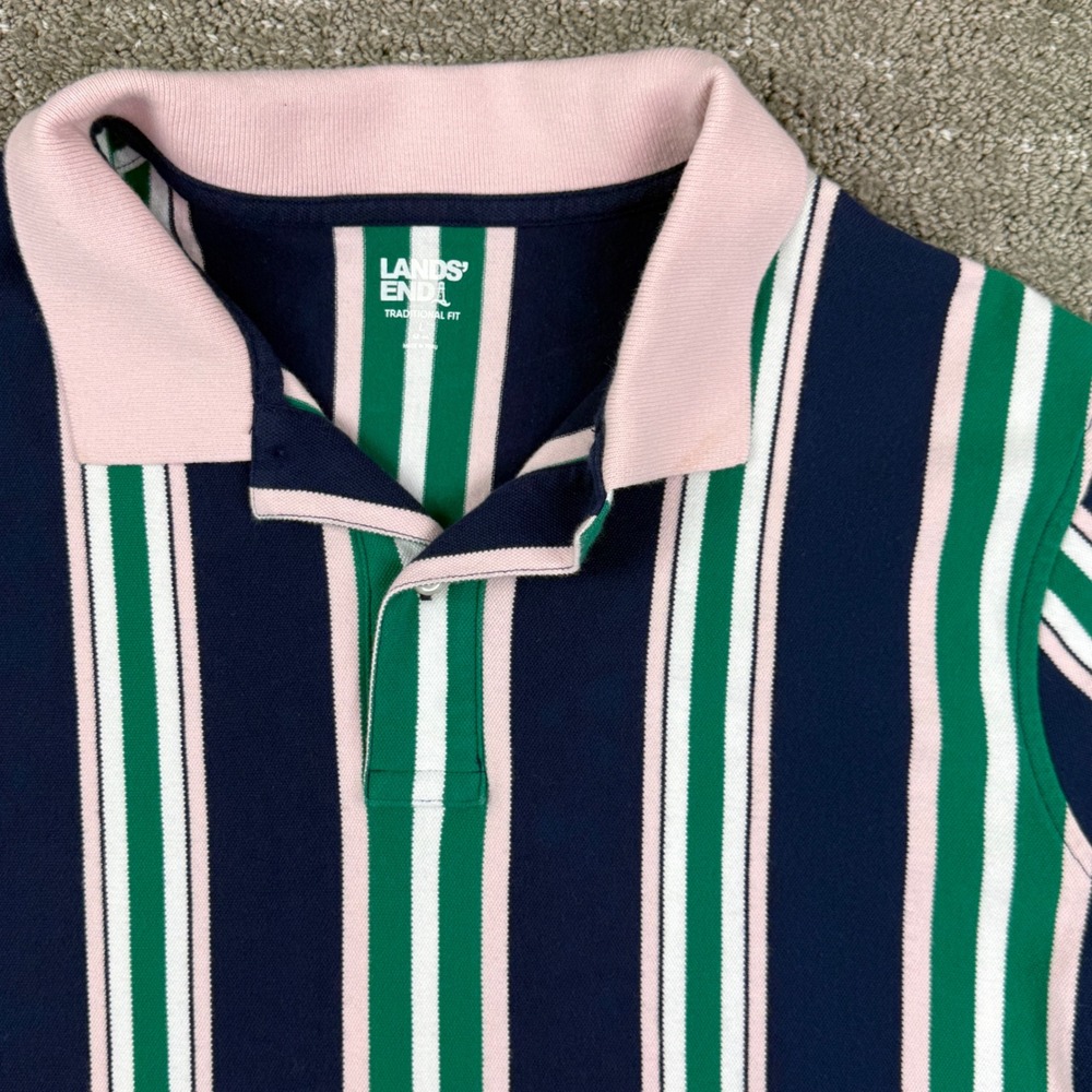 Lands' End Traditional Fit Polo Shirt Mens L Blue Green Pink Striped Cotton